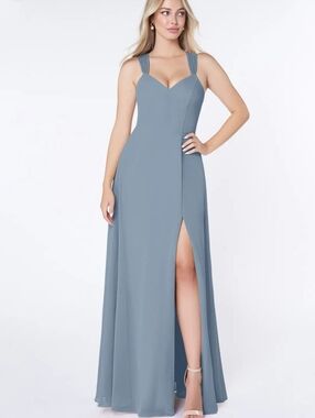 Elegant Dusty Blue A-Line V-Neck Pleated Chiffon Dress By Azazie Bridal